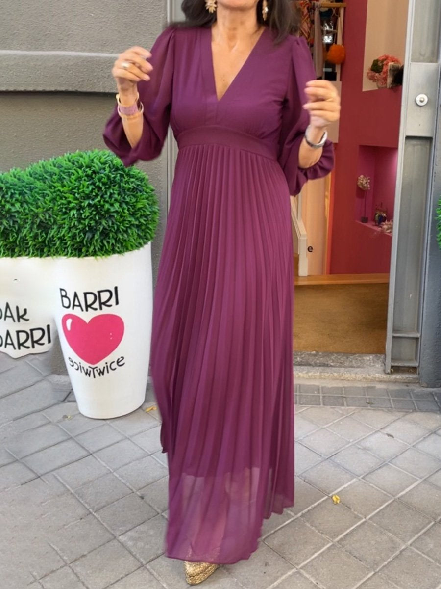 Elegant Pleated V Neck Midi Dress