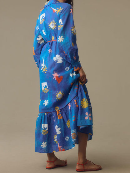 Printed Button Up Long Sleeve Tie Waist Maxi Dress