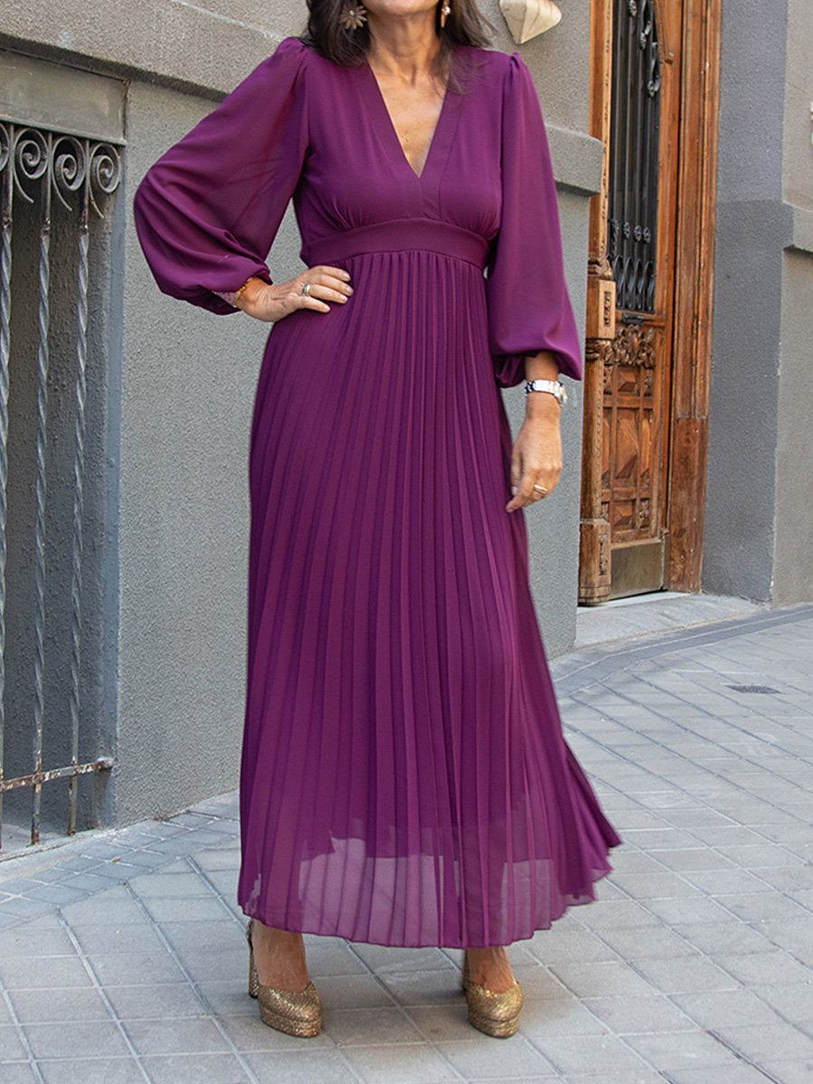 Elegant Pleated V Neck Midi Dress