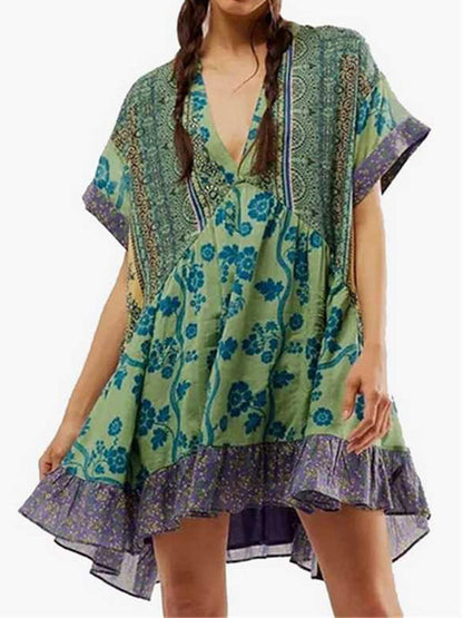 Bohemian Printed Short Sleeve Pocket V Neck Dress