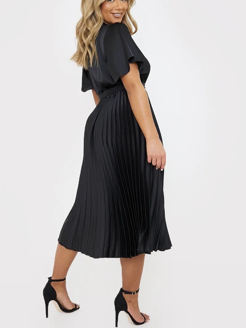 Black Pleated Wrap Midi Dress