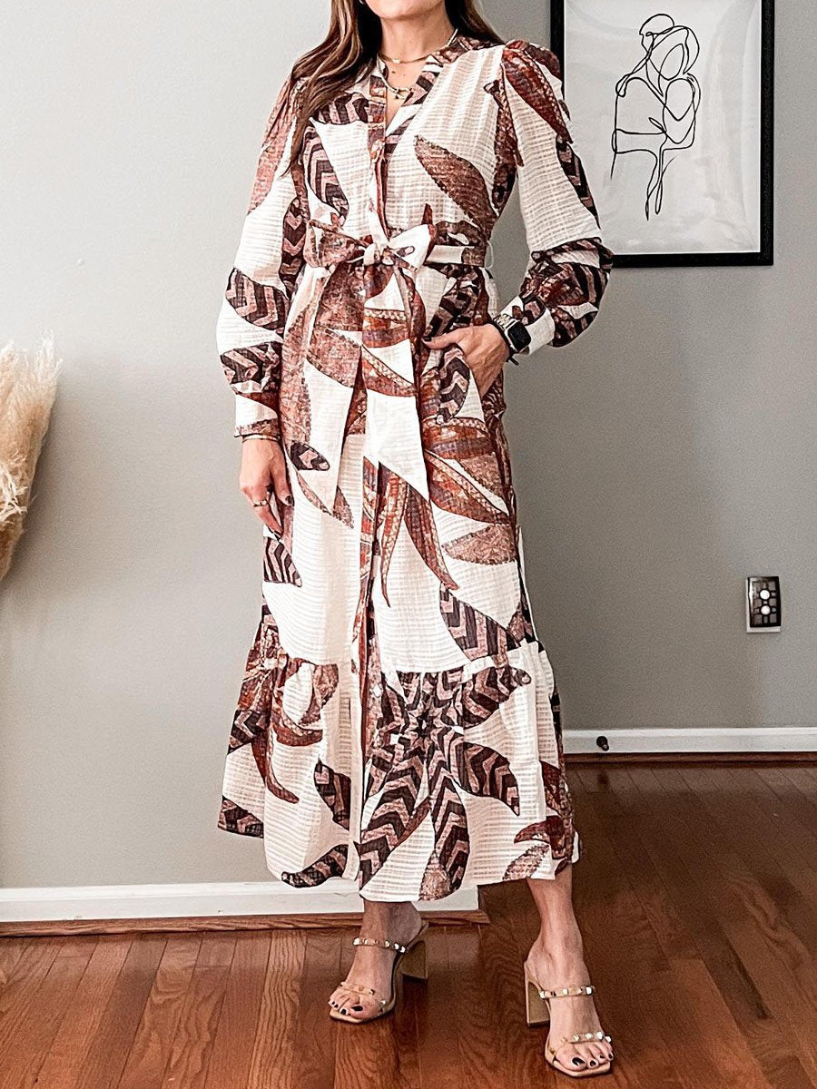 Lace Up Printed Long Sleeve Maxi Dress