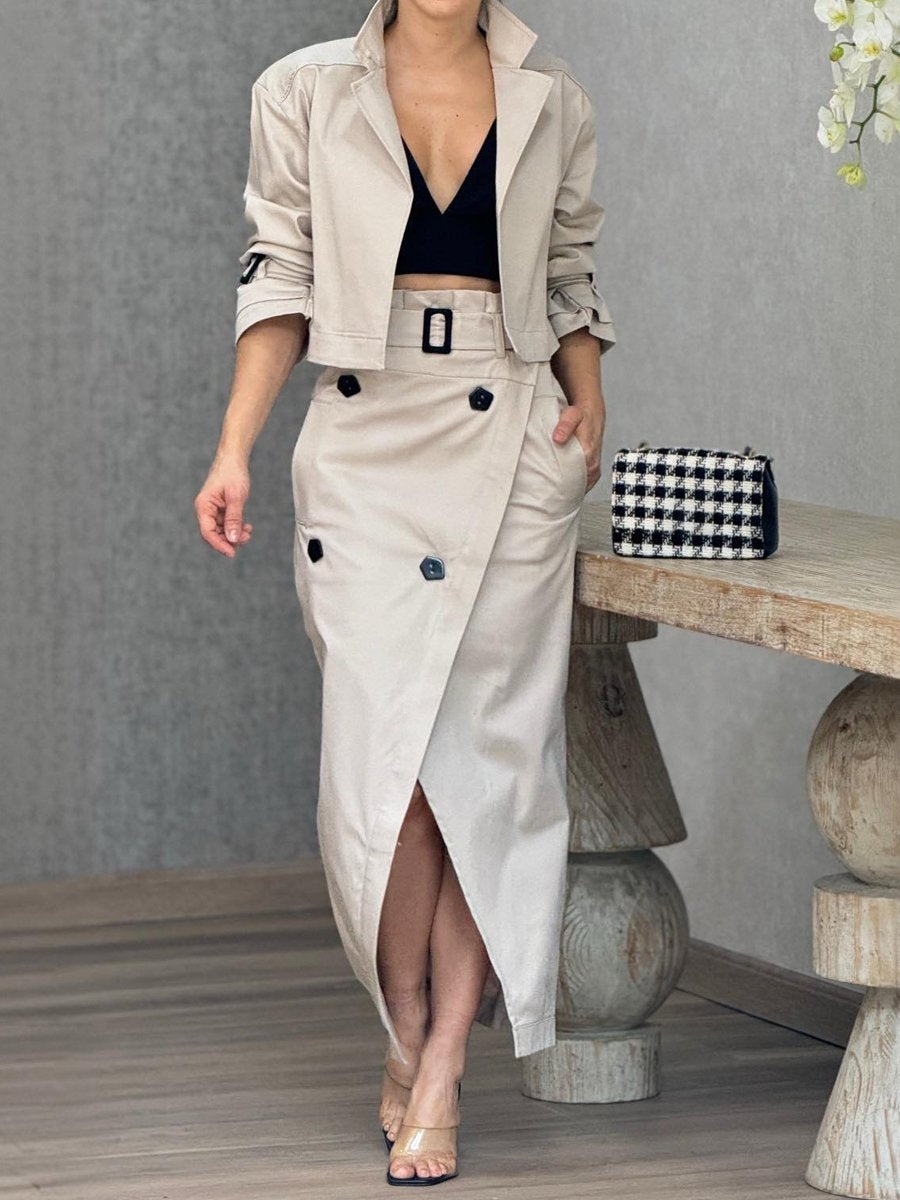 Casual Elegant Button Up Belt Two Pieces Dress