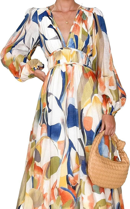 Women's 2024 Spring Boho Long Dress Casual Long Sleeve V-Neck Print