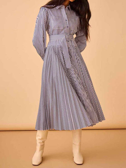 Striped Print Belted Lantern Sleeve Dress