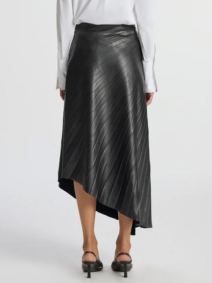 PU Asymmetric Hem Pleated Skirt