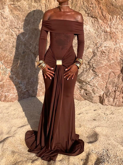 Off Shoulder Long Sleeve Wrap Maxi Dress