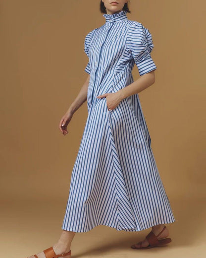 Striped Gigot Sleeve Casual Midi Dress