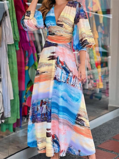 Elegant Deep V Neck Printed Maxi Dress