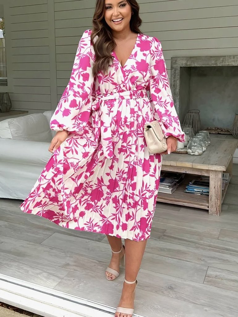 Floral Print Long Sleeve Pleated Midi Dress