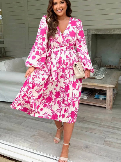 Floral Print Long Sleeve Pleated Midi Dress