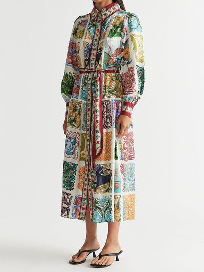 Printed Lantern Sleeve Belted Maxi Shirtdress