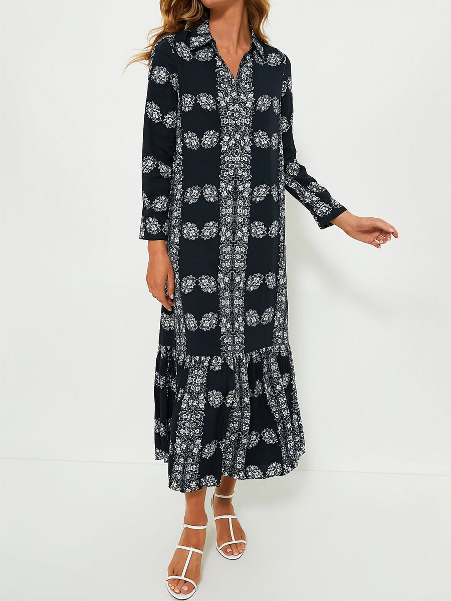 Floral Print Long Sleeve Maxi Shirt Dress