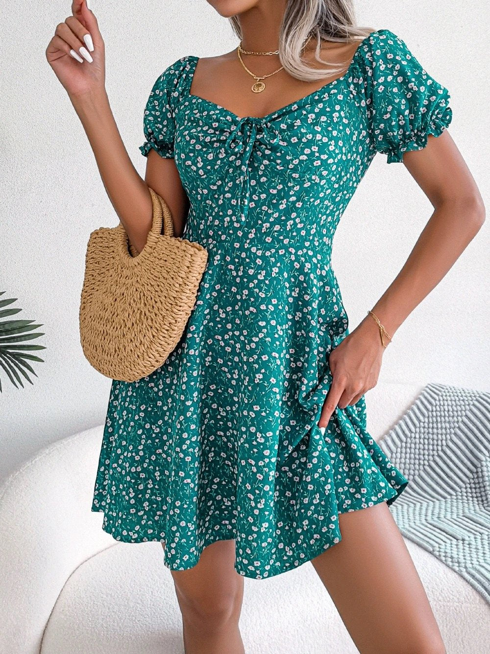 Women Style Casual Horn Sleeve Drawstring Lace Floral Dress