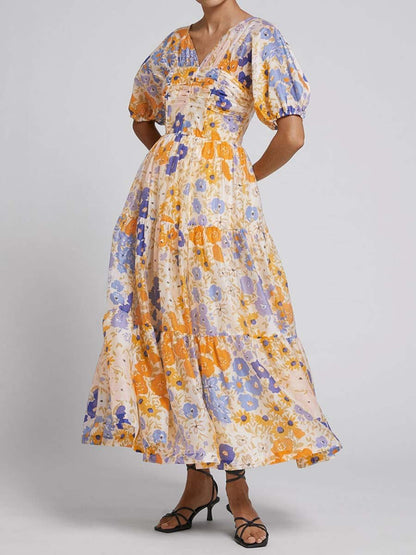 【Free Shipping】Floral Print Puff Sleeve V Neck Dress