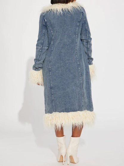 Faux Fur Trim Long Sleeve Denim Coat