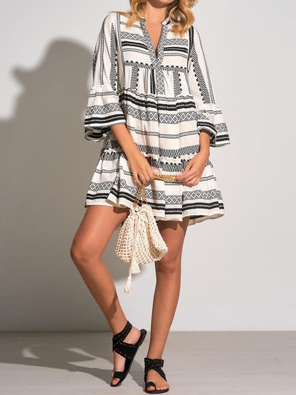 V Neck Loose Printed Mini Dress