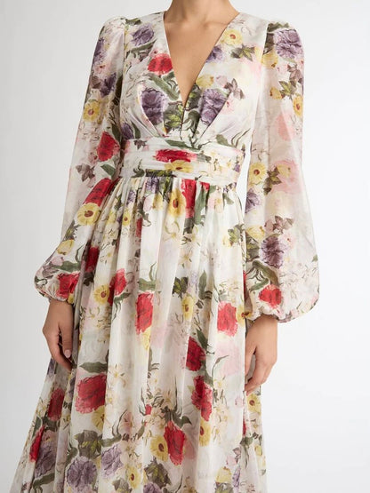 Floral Printed Deep V Neck Dress