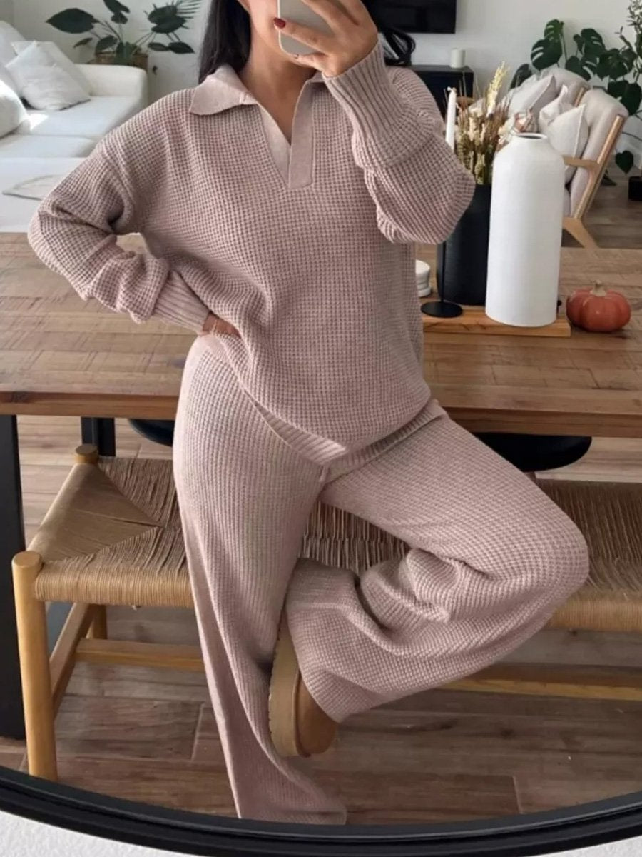 Casual Waffles Knitted Pullover Sports Suit