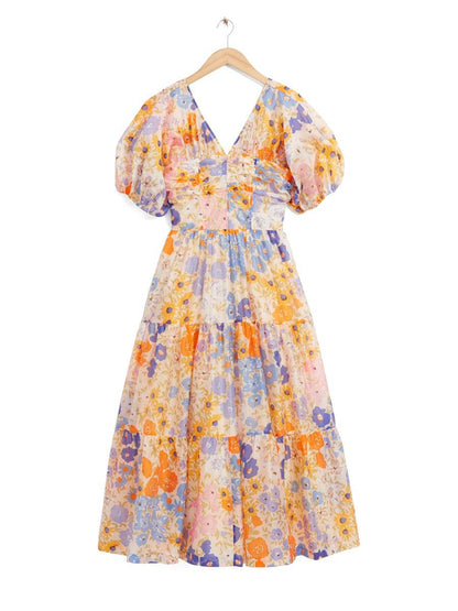 【Free Shipping】Floral Print Puff Sleeve V Neck Dress