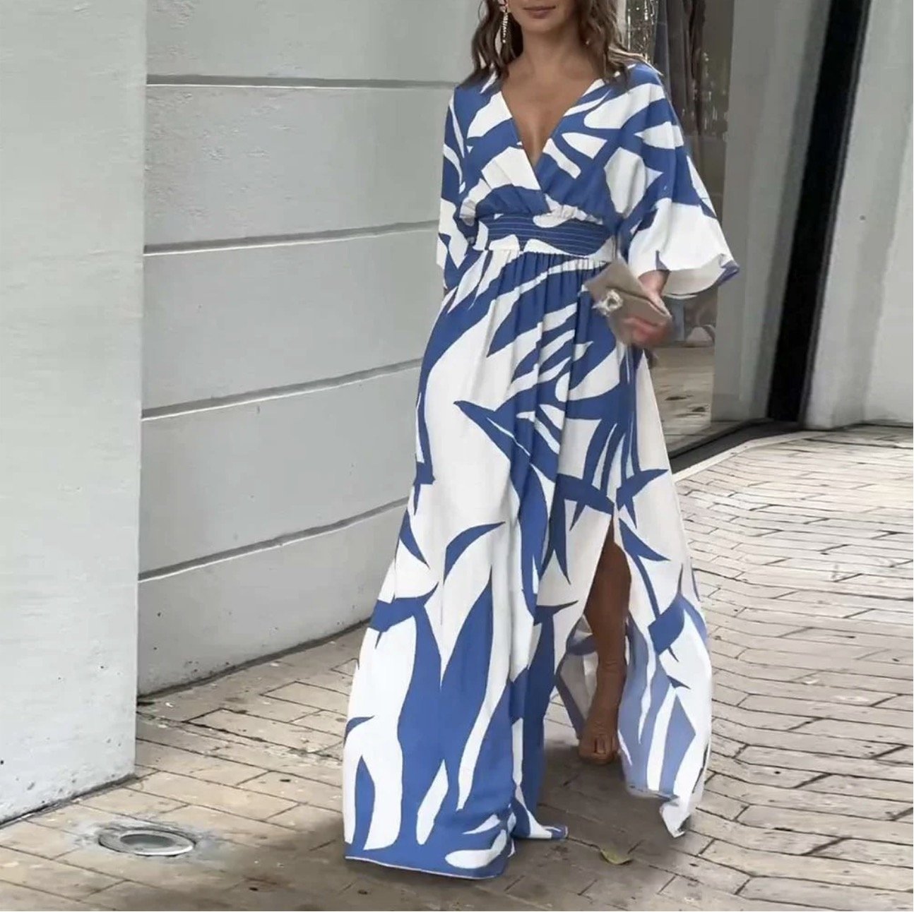 Blue Print 3/4 Sleeve Maxi Dress