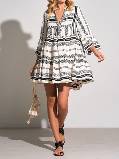 V Neck Loose Printed Mini Dress