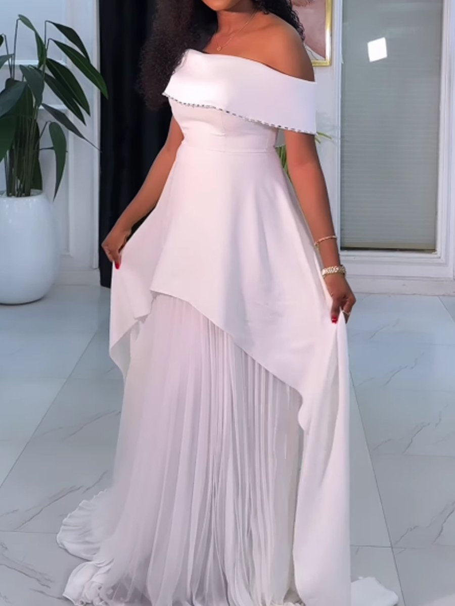 Off Shoulder Rhinestone Sparkle Pleated Party Dress