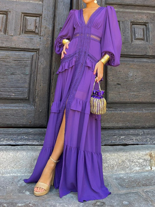 Elegant Patchwork Long Sleeve V Neck Ruffled Dress