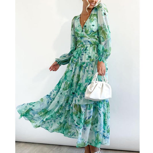 Women's Long Sleeve Boho Floral Dress Smocked V Neck Flowy Maxi Dress