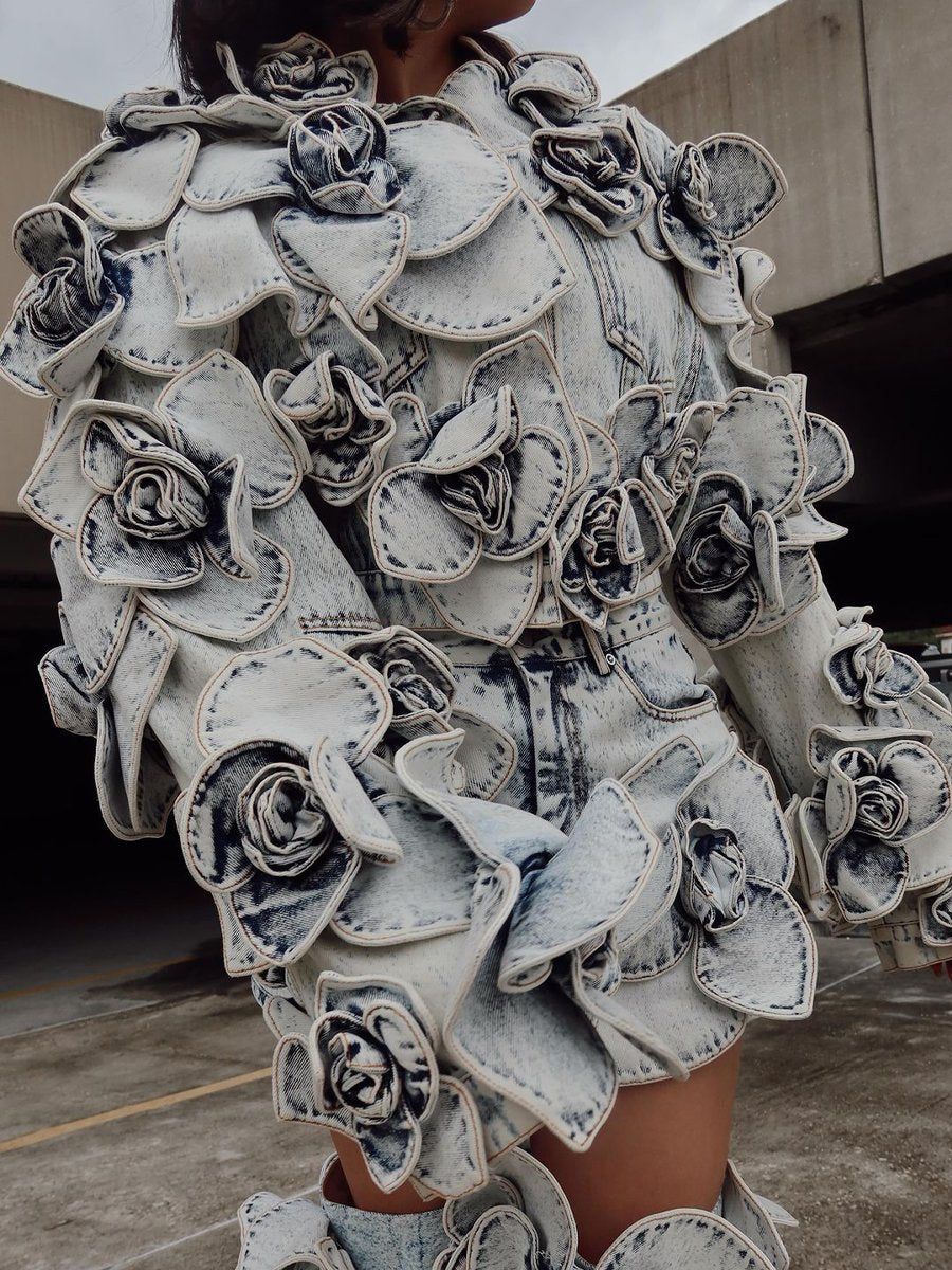 3D Denim Flower Two Pieces Dress