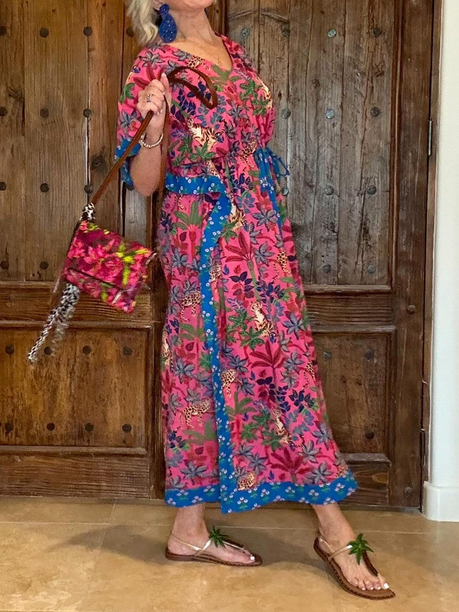 Printed V Neck Loose Drawstring Waist Maxi Dress