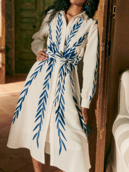 Leaf Embroidery Shirt Collar Midi Dress