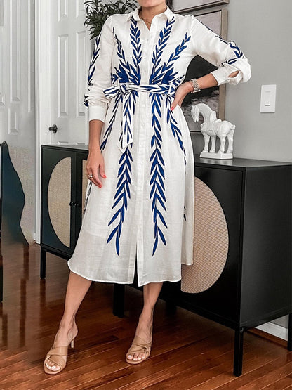 Leaf Embroidery Shirt Collar Midi Dress