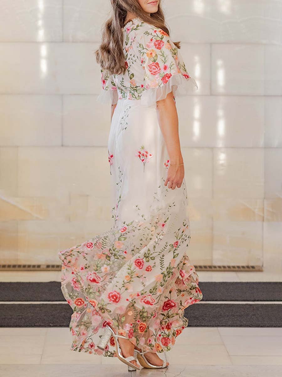 Floral Embroidery Mesh See-through Wedding Dress