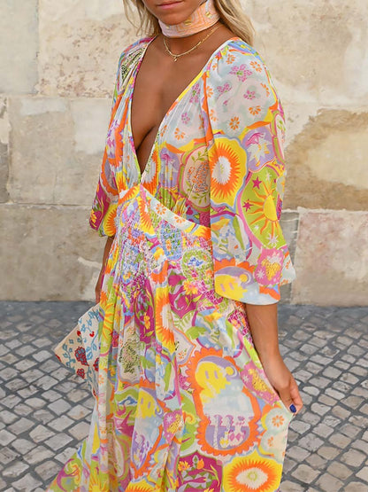 Deep V Neck Printed Chiffon Dress