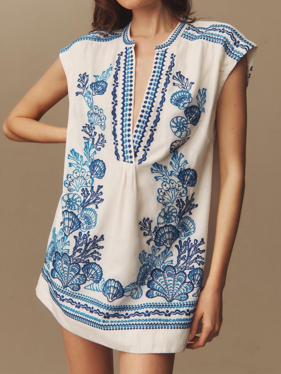 Split Neck Printed Sleeveless Mini Dress