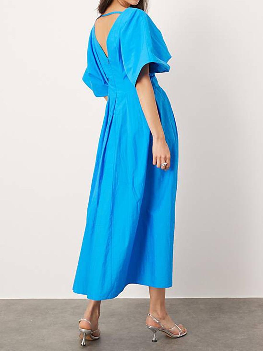 V Neck Pleated Short Sleeve Maxi Dress