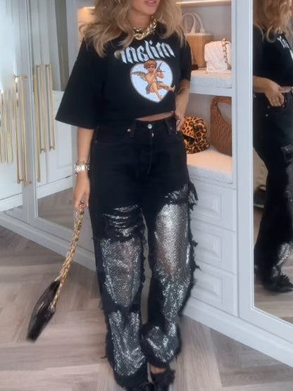 High Waist Dressed Raking Mesh Stitching Straight Pants