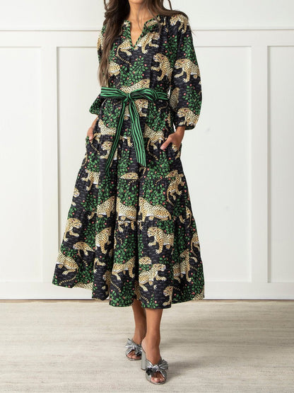 Split Neck Printed Belted Maxi Dress