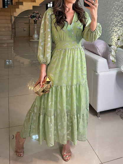 Hot Stamping V Neck Long Sleeve Chiffon Dress