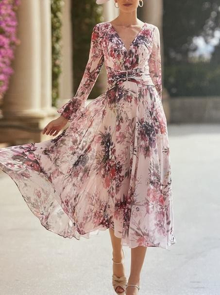 Elegant Printed Peach Blossom Dress