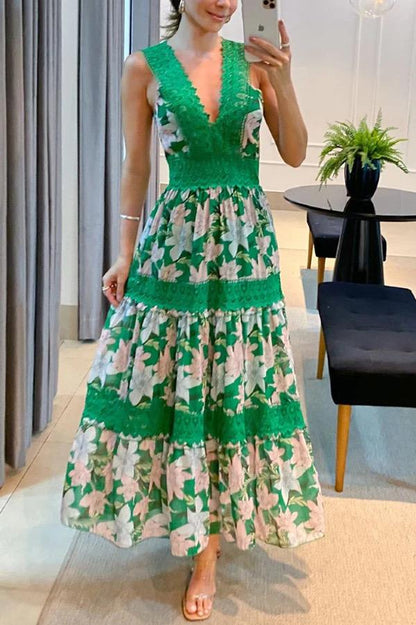 Sunny Garden Lace Trim Floral Midi Dres