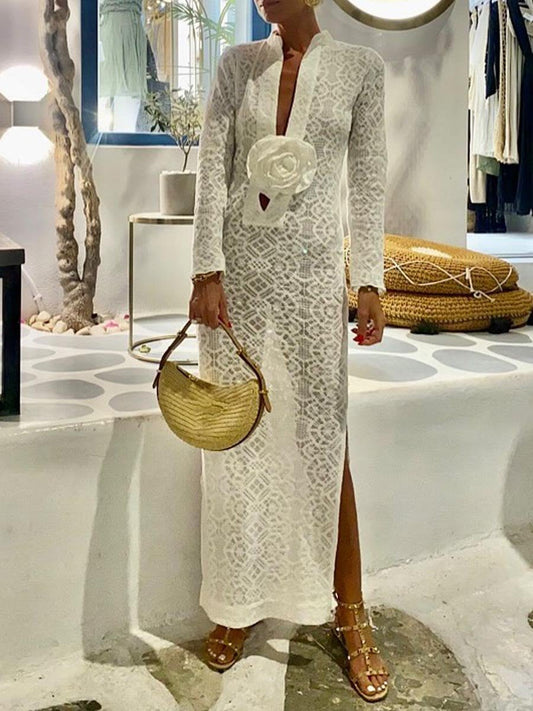 Flower Deep V Neck See-through Dress