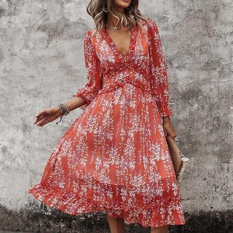 Women's All Over Print V Neck Long Sleeve Ruffle Hem Boho Midi Dress