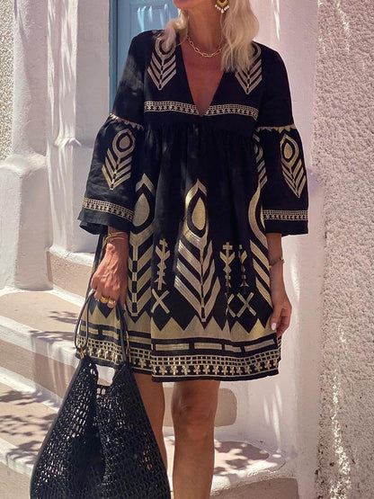 V Neck Loose Printed  Bohemia Mini Dress