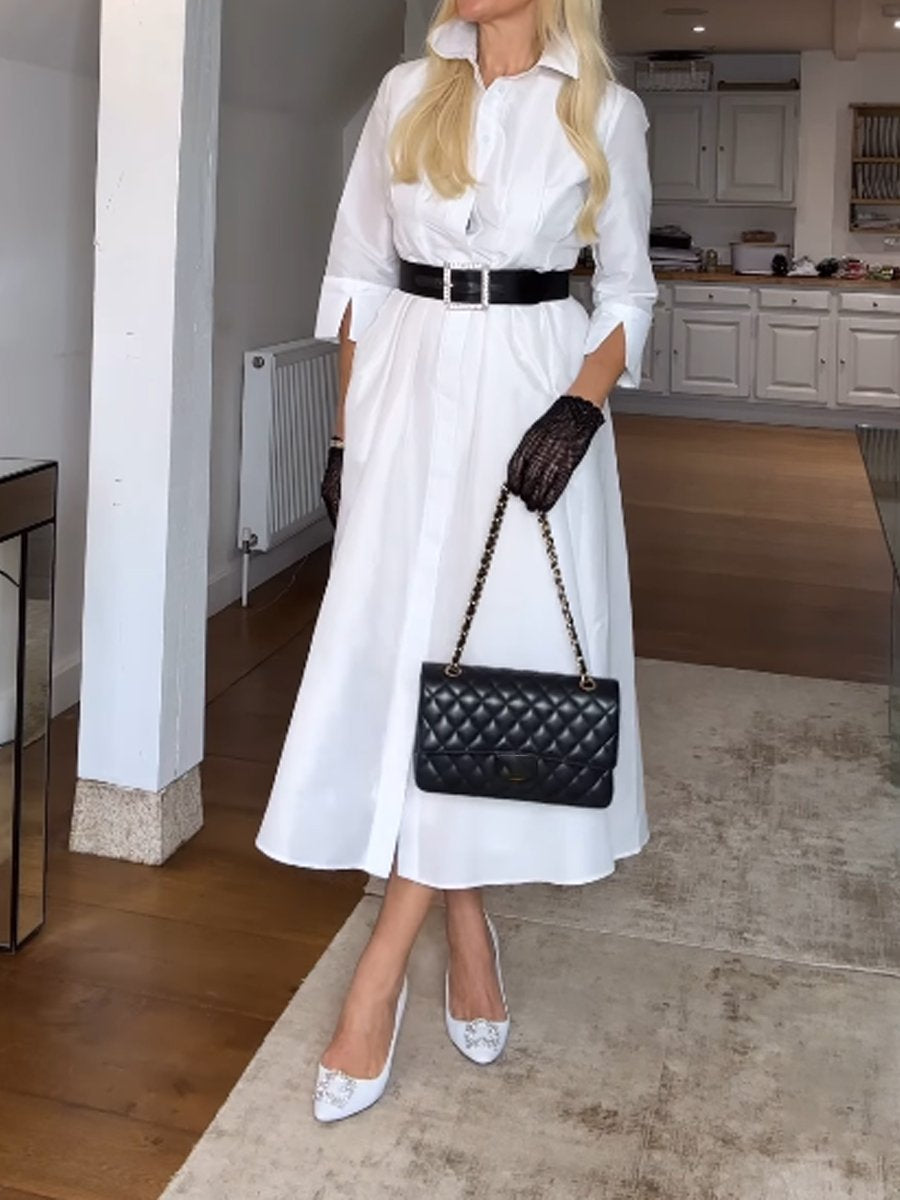 White Elegant Shirt Midi Dress