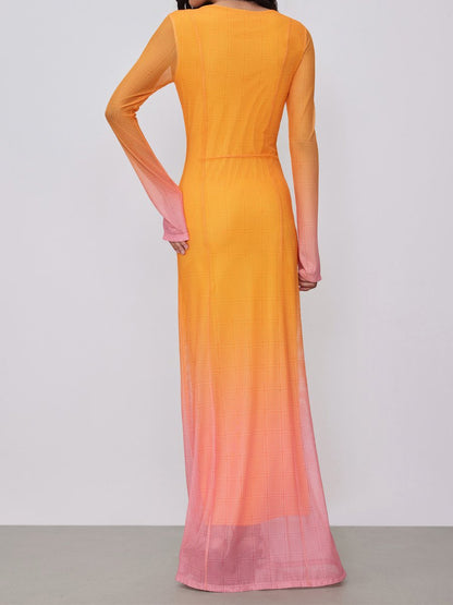 Mesh Round Neck Gradient Maxi Dress