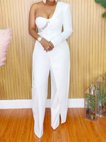 Mesh Patchwork One Shoulder Jumpsuit