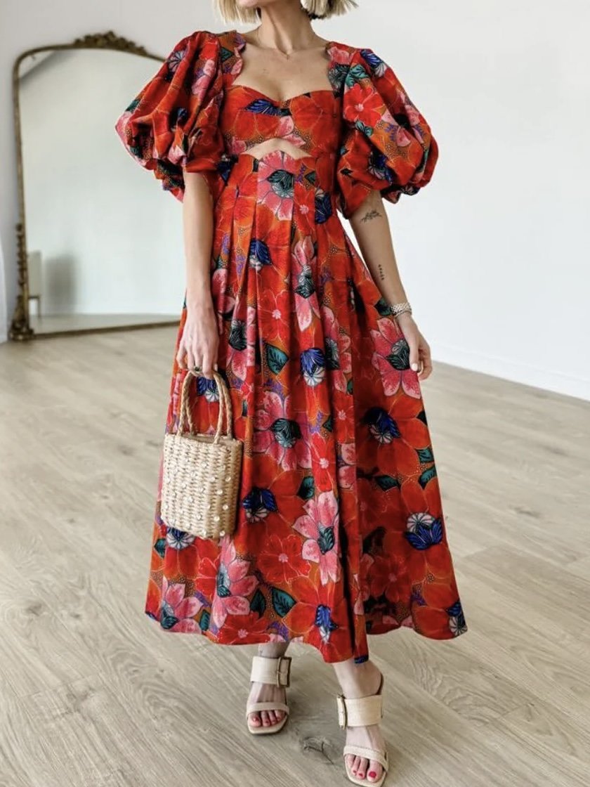 Floral-Print Cutout Pleated Dress