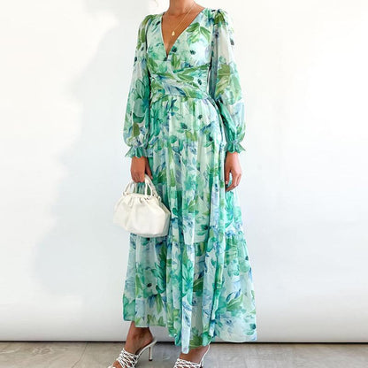 Women's Long Sleeve Boho Floral Dress Smocked V Neck Flowy Maxi Dress